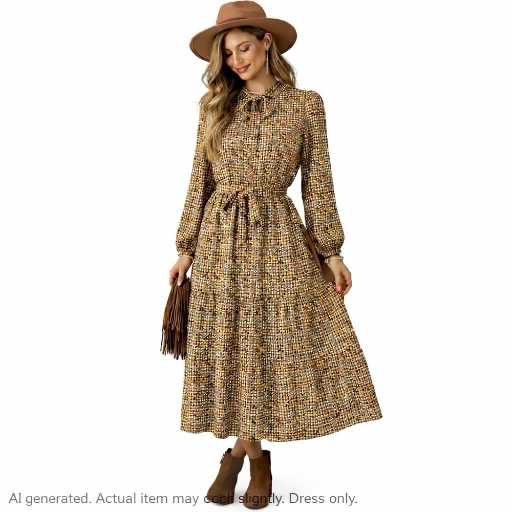 Women Midi Dress XST Brown Geometric Tie Waist Zip Tiered Skirt Boho Cottagecore